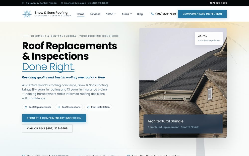 Snow & Sons Roofing homepage