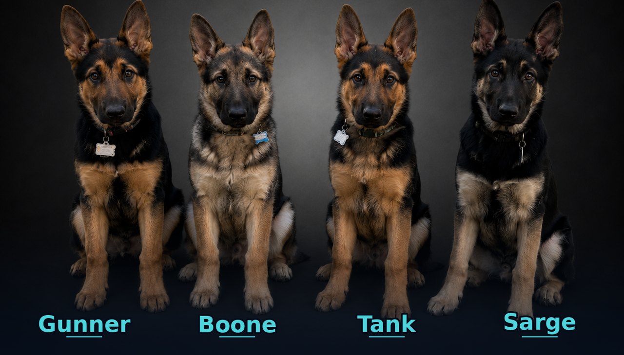 The four WebPro360 mascots — German Shepherd brothers Gunner, Boone, Tank, and Sarge from the same litter