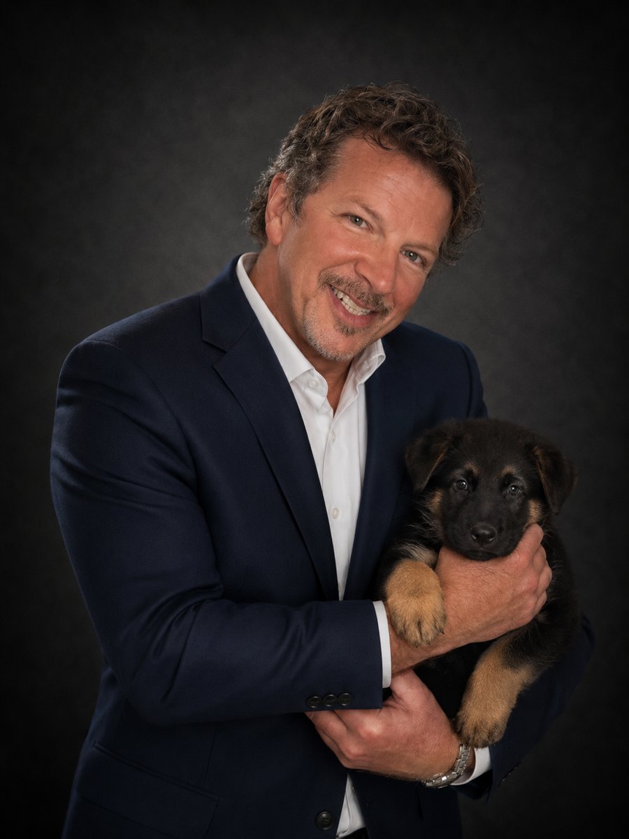 Roger Stanton, Founder of WebPro360, holding Tank the German Shepherd puppy