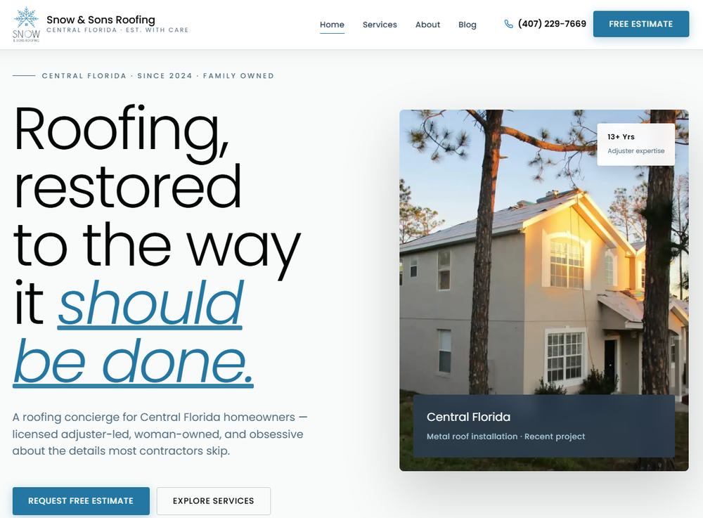 Snow & Sons Roofing website built by WebPro360